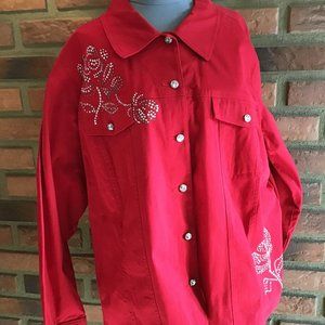 Quacker Factory Red Silver Rhinestone Studded Coat NWT 2XL